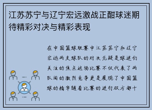 江苏苏宁与辽宁宏远激战正酣球迷期待精彩对决与精彩表现